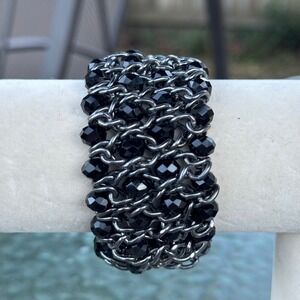 Gunmetal Chain Link Cuff Bracelet Faceted Black Glass Beads Artisan Y2K Jewelry